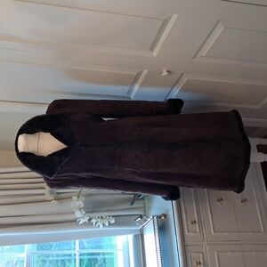 Steve by Searle Womens Chocolate Brown Pigskin Suede Long Coat Faux Fur Lining S